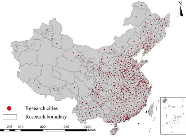Fig. 2-1 The distribution of China’s prefecture level cities in this paper. 