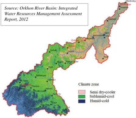 Fig. 1.1 Climate zone classification of Orkhon River Basin Source: Orkhon River Basin: Integrated 