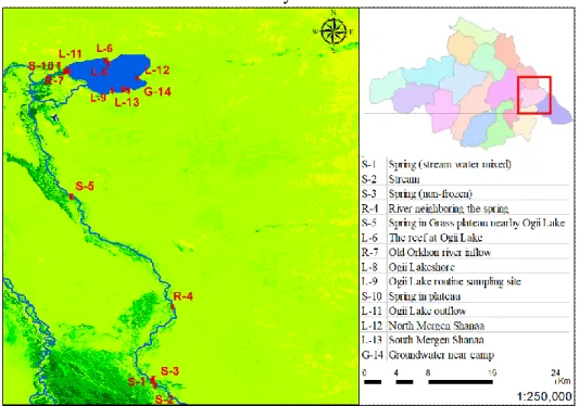 Fig. 3.2 Map of water sampling sites along Orkhon Valley, Mongolia (R–river water; 