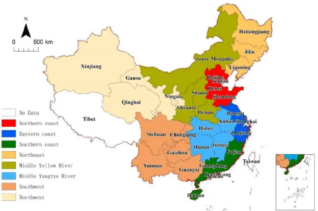 Fig. 3.2 The schematic diagram of the eight economic zones of China (Data source: Zeng, Liangen, et al