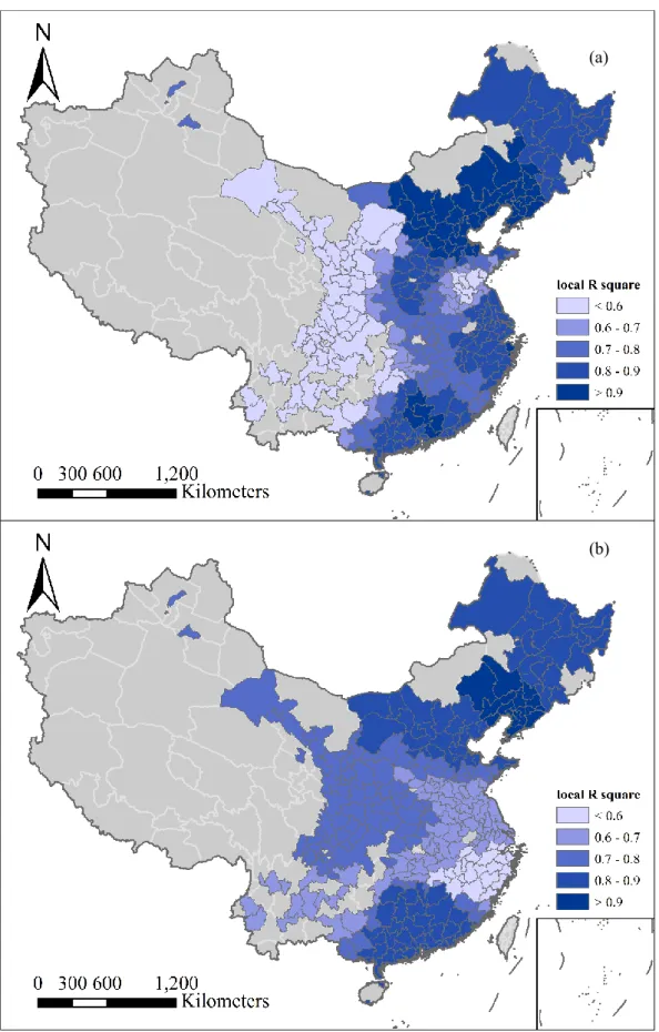 Fig. 3-7 Local R 2  of urbanization in China based on SGWR  (a) from 2005 to 2010; (b) from 2010 to 2015.