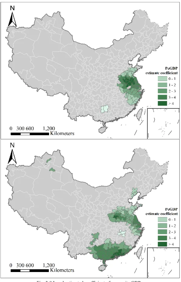 Fig. 3-8 Local estimated coefficient of per capita GDP  (a) from 2005 to 2010 and (b) from 2010 to 2015.