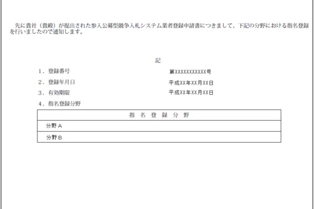図 2-7  参入公募型競争入札登録通知書テンプレート 