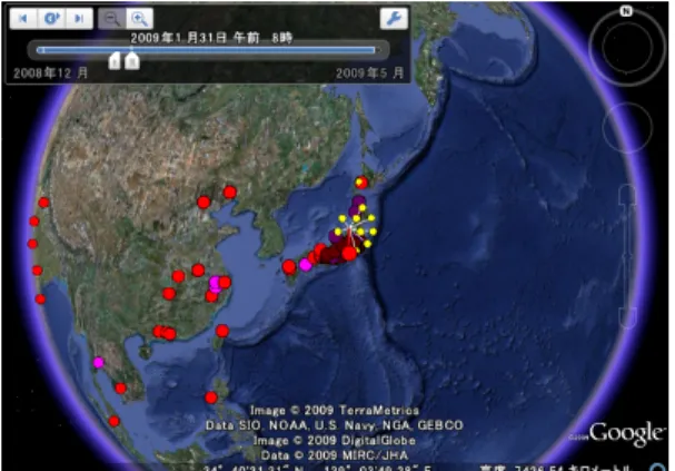 図 3: TSPY KOLABC.CH 関連検体の配布元 の分布と時間的変化 2.3 Web ベースマルウェアとの比較 多くの未知検体がポート 80 を用いて配布さ れていることから，流行している Web ベース マルウェアの配布元との関連性を調査を行なっ た． Web ベースマルウェアを調査するために開 発しているクライアント型ハニーポットシステ ムを用いて 2009 年 8 月中に調査した約 600 件 のマルウェア感染源サイトの IP アドレスの位 置の可視化を行なった（図 4 ）．これまでの調 査で