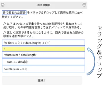 図 1 プログラム・コードの並べ替えパズル それから上手く動くように期待して少し直す，というやり 方でプログラミング問題を解く．このとき「問題を検討し 直したり，自分が構文を理解してるか自問することなく， ただ小さな修正が必要なだけという想定のもと修正を繰り 返す」 [1] ．ただし， Perkins らは，これが必ずしも誤った 行動であるとは言っていない． 最近の約 1 年間に次の 3 つの論文が発表されて，いずれ も正解との編集距離に基づいて，プログラミングの得手 / 不得手，解答の正しさの度合いを推定