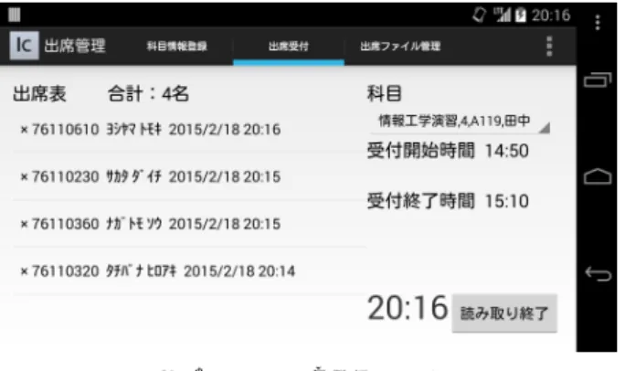 図 1 先行研究アプリ動作画面 アカウントでログインし代返するなどの不正も考えられる . 3.1 既存手法の問題点 既存手法の問題点として先に述べたように，出席情報を Moodle に記録する際に作業コストや作業ミスのリスクが あることとシステム導入に費用や手間がかかることが挙げ られる．加えて，既存のシステムでは出席情報の集計処理 と確認は授業終了後に行われるため，長期欠席者になる兆 候である連続欠席の発見が遅れ，コミュニケーションをと り出席を促す等の対処ができないせいで長期欠席者を生ん でしまうといっ