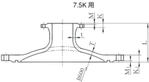 表 15 － 7.5K 用 形式 1 ＫＭ ｔ Ｔ R6 00 Ｍ 1 Ｋ1 Ｌ 単位 mm 呼び径 管　厚 各　　部　　 寸　　法 質　量（kg） 呼び径 D d T T 1 t L 7.5K 10K 16K 20K 形式 1 形　式　2 D d K M K 1 M 1 K M K 1 M 1 K M K 1 M 1 K M K 1 M 1 7.5K 7.5K 10K 16K 20K 600   75 24 38 17 240 21 3 45 4 18 2 45 3 20 2 46 3 22 2 54 3