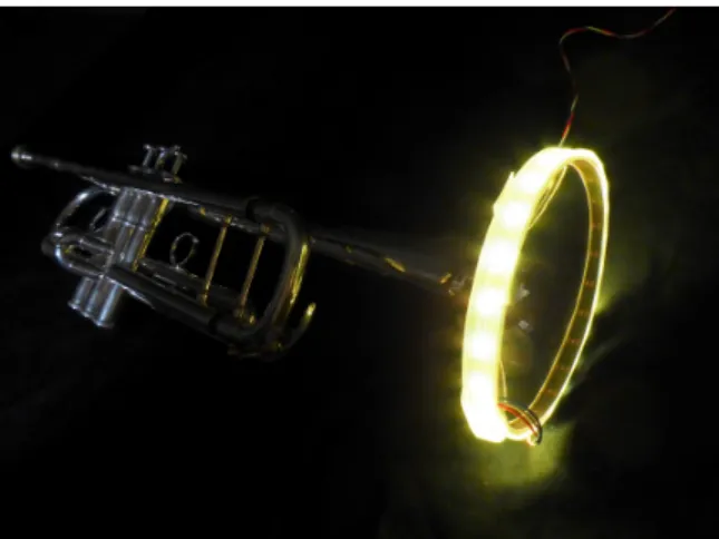 図 5 LED を装飾した楽器 6. まとめ 本研究では， LED を用いたマーチングバンドを実現する ための， LED を用いたマーチングバンド装飾システムの LED の制御と通信方式に関しての実装を行った． 本システムではオーサリングツールでパフォーマンスの タイミング毎の LED の色を指定し， LED を制御する．無 線での命令の送受信は Wi-Fi を用いている．これを実装し たシステムの実験では， GUI と連動して，遅延もなく 5 つ の LED を同時に制御することに成功した． 今後の課題は