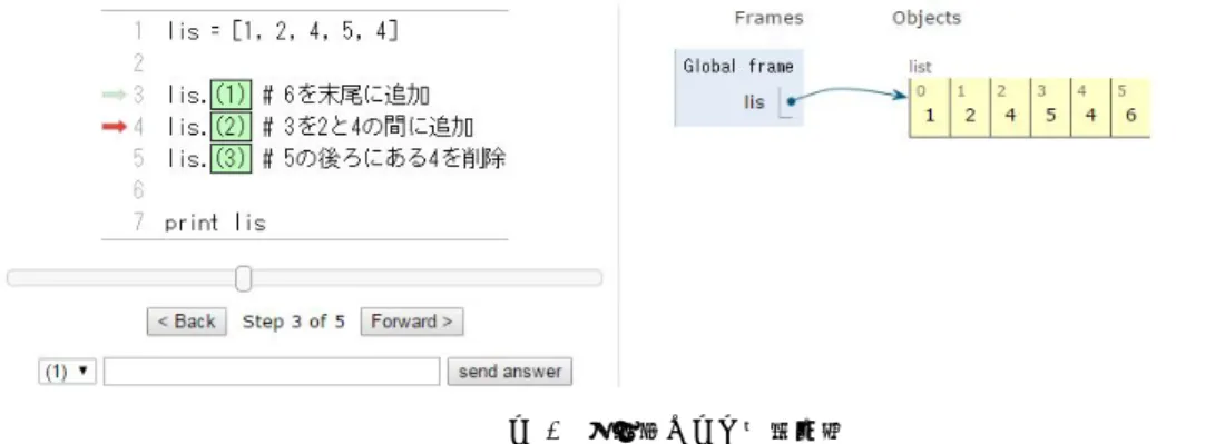 図 7 学習者による解答画面 図 8 学習者が誤答を送信した場合 えば，図 7 ， 8 の問題 (2) では， 「 insert(2,3) 」と 入力することが期待されるが，「 insert(2,2+1) 」 や「 insert(-4,3) 」といった入力でも正解と判定 される． しかし，同じ処理を記述したとしても不正解と してしまうケースが存在する．関数の実行につい て，自作関数の実行は関数のコールスタックを表 示し，複数ステップをかけて処理を行っている． これに対し Math ライブラリなどの組み込み関
