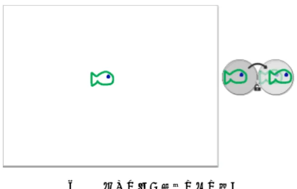 図 1 一つの絵が正確に右に動く 使わない場合は，大量の大域変数と重複したコー ドが現れるが，そのひどさを見せることで，配列 が重要であるということを学ばせる． あわせて，このコンパイラを用いたカリキュラ ムが重要である．そのため，ここでは想定したカ リキュラムを示しながら，コンパイラがどのよう なものであるかを述べて行く．最後に，それに必 要なコンパイラの仕様と実装を行う． 2.1 動きの基本 まず，絵を一つかき，それを 1 つだけステージ に入れて正確に右に移動する，というプログラム をつくる（図 1)
