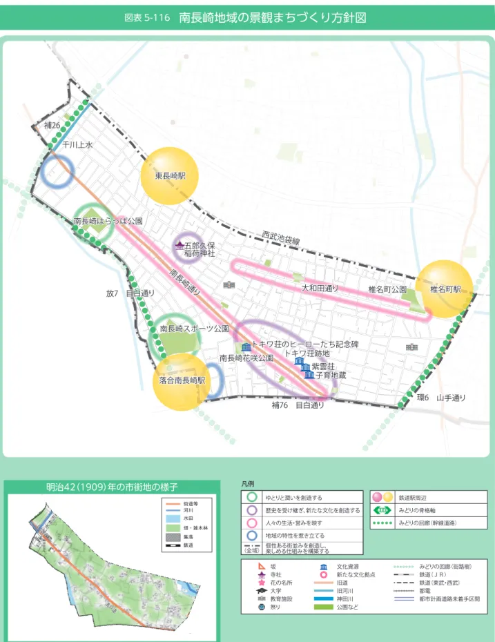 図表 5-116　 南長崎地域の景観まちづくり方針図 105豊島区景観計画第 5 章地域別景観まちづくり方針（南長崎地域） 第 5 章地域別景観まちづくり方針（南長崎地域）南長崎スポーツ公園紫雲荘紫雲荘トキワ荘のヒーローたち念碑トキワ荘のヒーローたち記念碑南長崎スポーツ公園五郎久保稲荷神社トキワ荘跡地トキワ荘跡地放7　目白通り放7　目白通り環6　山手通り環6　山手通り西武池袋線西武池袋線南長崎通り補76　目白通り南長崎通り補76　目白通り東長崎駅落合南長崎駅東長崎駅椎名町駅椎名町駅南長崎花咲公園南長崎花咲公
