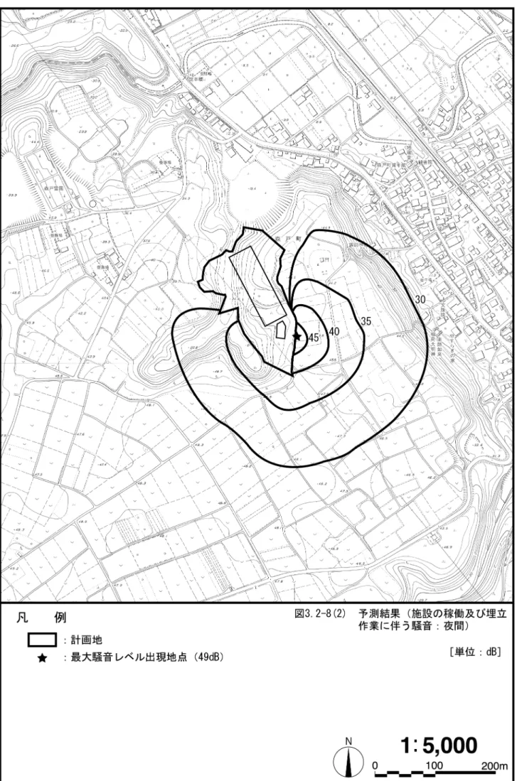 図 3.2-8(2)  予測結果（施設の稼働及び埋立作業に伴う騒音：夜間） 