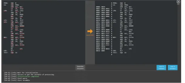 図 5 アセンブラの画面 ることにより , 柔軟な UI/UX を提供することが可能にな る . 本システムの例では , UI コンポーネントの見た目の変 化を目に付きやすくすることにより次の操作を自然に誘 導する , シミュレーション中は状態を表示している DOM 要素のみを更新し , 実行過程を観察しやすくする等の工夫 を行っている 