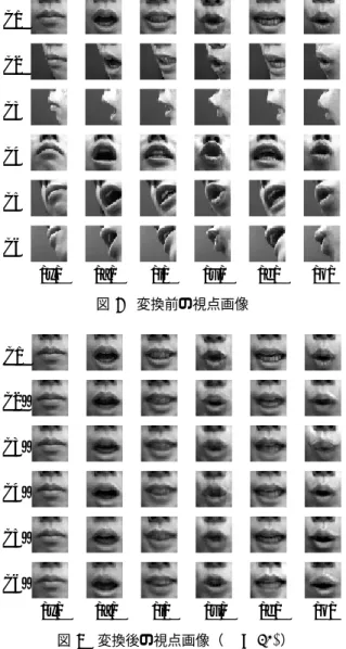 図 7 変換後の視点画像（ N = 10k ） 画像である C1 とほぼ同じ画像が生成されていることが 目視で確認できる． 図 8 に N の違いによる変換結果例を示す．図 8(a) は 閉唇口形/x/，図 8(b) はア口形/a/である．目視による 評価では，/x/の場合は N = 1k，/a/の場合は N < = 3 k においてごま塩雑音のようなノイズが観測される．N が 大きくなるに従い，ノイズが低減していることがわかる． 以上のことより視点変換するために N は重要なパラメー タであることが