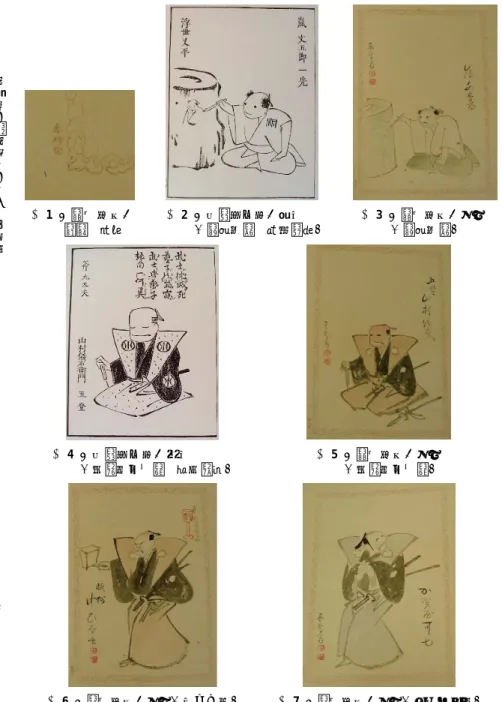 図 5 『梨園書画』下巻 「山村儀右衛門」図4『絵本水や空』上巻「山村儀右衛門斧九太夫」 図 7 『梨園書画』下巻「加賀屋可七」図6『梨園書画』下巻「叶ひな助」図3『梨園書画』下巻「嵐文五郎」図2『絵本水や空』中巻「嵐文五郎浮世又平」図1『梨 園 書 画』用箋部分耳鳥斎の役者姿絵に関する一考察五