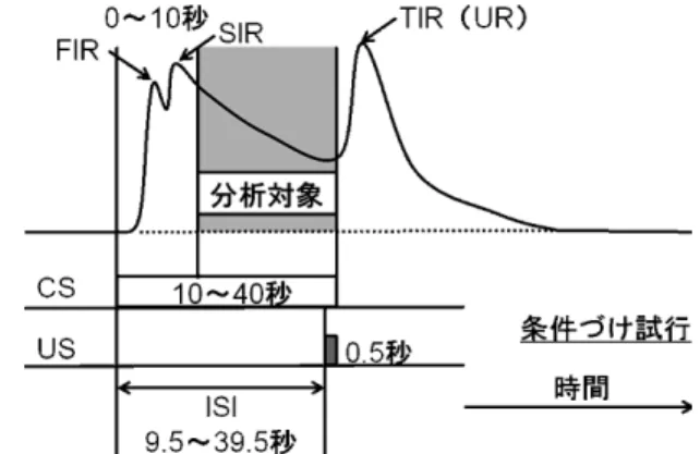 図 6 持続性条件反応（Lovibond, 1992）。条件刺激の呈示直後から 10 秒までの期 間を除外した残りの試行間間隔における，（1）皮膚コンダクタンス水準の差分 （Δ SCL），（2）自発的変動（spontaneous fluctuation : SF），の 2 種類がその 測度となる。彼らは無条件反応の 5％ を基準値とし，それを超えた反応の生起 頻度を自発的変動と定義した。なお，その後に行われた実験ではテスト試行を 用いたものも見受けられるが，その測度はほとんど（1）で統一されている
