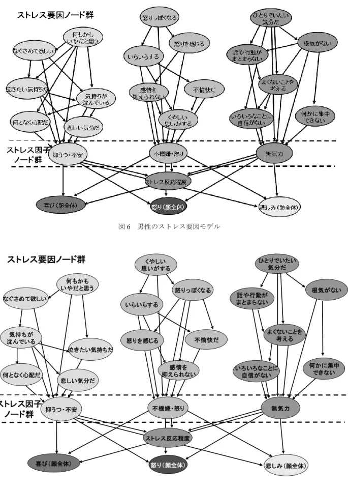 図 6  男性のストレス要因モデル  いろいろなことに 自信がない話や行動がまとまらない 根気がないひとりでいたい気分だ泣きたい気持ちだなぐさめて欲しい何となく心配だ感情を抑えられないくやしい思いがする 悲しい気分だ気持ちが沈んでいる 怒りを感じる 不愉快だいらいらする 何かに集中できないよくないことを考えるストレス要因ノード群怒りっぽくなる何もかもいやだと思う ストレス因子 ノード群 抑うつ・不安 不機嫌・怒り 無気力 怒り（顔全体） 悲しみ（顔全体）喜び（顔全体）ストレス反応程度 図 7  女性のストレ