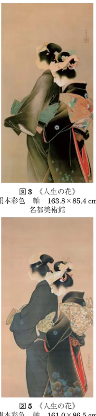 図 4 《人生の花》 絹本彩色 軸 175.5×101.0 cm 京都市美術館 図 3 《人生の花》絹本彩色 軸 163.8×85.4 cm名都美術館 図 7 《よそほい》明治 35 年頃 絹本彩色 軸 95.0×53.0 cm 福富太郎コレクション資料室 図 5 《人生の花》絹本彩色 軸 161.0×86.5 cm京都市美術館上村松園︽人生の花︾の制作過程に関する一試論三一