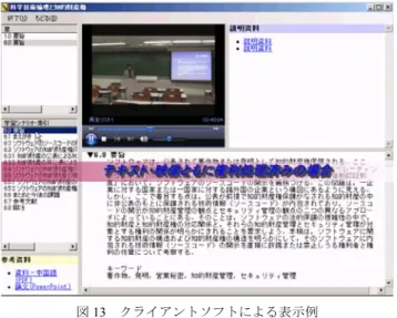 図 13  クライアントソフトによる表示例 4.3. 教育コンテンツのネット公表に関する権利処理  「メディアミックス型コンテンツ」は，テキストと動画 の音声の共通する索引やキーワードでリンクさせて，放送 大学教材の統合化を指向する．したがって，コンテンツ構 成は，テキストと動画との関連づけの連携の度合いに合わ せて設定する．次に，権利処理の有無を把握するために， コンテンツ作成ツールと動画割り当てによって著作・制作 された教育コンテンツ（テキストは HTML ファイル，動画 は WMV ファイル）に，著作