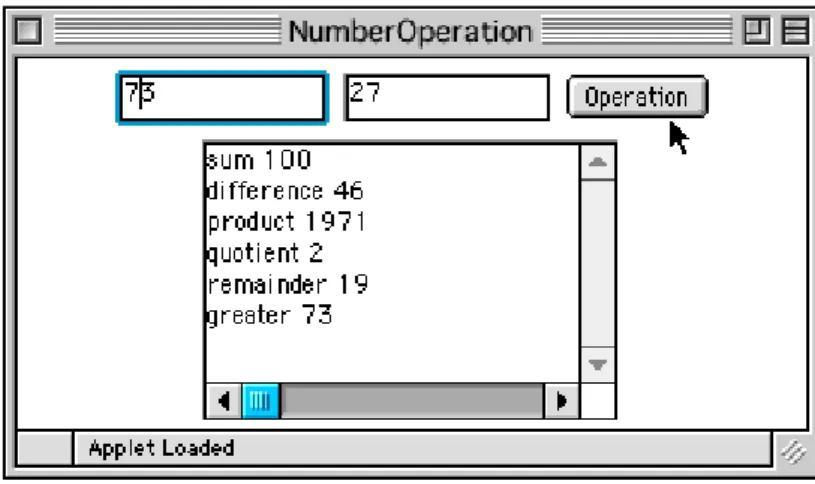図 17-4   NumberOperation アプレットの実行例 １７−３−６．文字列のフォーマット java.text パッケージには、文字列を解析したり、フォーマットして表示したりする便利なクラスが用意されて います。そのうち、ここでは、次の２つのクラスを紹介します。 数値用 NumberFormat 日付・時間用 DateFormat ★NumberFormatを利用して、数値の桁数を制御する まず、数値用のNumberFormatクラスですが、これには、次のような整数・実数の表示桁数を調べたり、