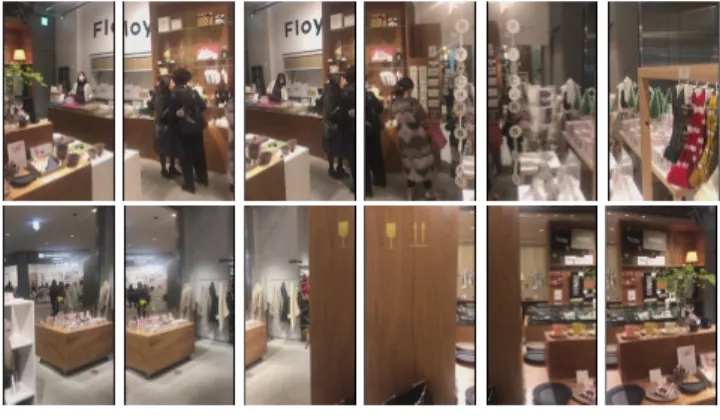 図 2 店舗内動画イメージ図 使用した． 4.2 店舗動画のデータセット作成 店舗内の雰囲気を評価するための店舗内動画を収集した． 撮影は目線の高さで店舗内を 180 度撮影とし．時間は 10 秒から 15 秒ほどで行った．画像サイズは 1920 × 1080 ，フ レーム数は 30fps とする．撮影イメージを図 2 に示す．ラ イトやアプリなどで明度や彩度の調整はしないものとする． 収集された店舗内動画から環境音を切り離し，異なる 5 種類の環境音を付け加えることで仮想店舗内動画を作成 した．環境音はカ
