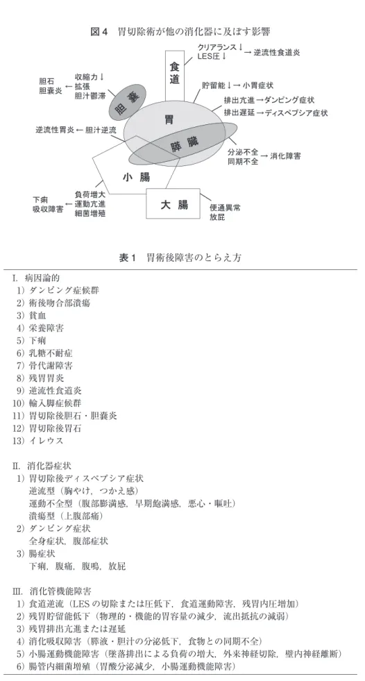 図 4 胃切除術が他の消化器に及ぼす影響 表 1  胃術後障害のとらえ方 I ．病因論的 ダンピング症候群1） 術後吻合部潰瘍2） 貧血3） 栄養障害4） 下痢5） 乳糖不耐症6） 骨代謝障害7） 残胃胃炎8） 逆流性食道炎9） 輸入脚症候群10） 胃切除後胆石・胆嚢炎11） 胃切除後胃石12） イレウス13） I I ．消化器症状 胃切除後ディスペプシア症状1） 逆流型（胸やけ，つかえ感） 運動不全型（腹部膨満感，早期飽満感，悪心・嘔吐） 潰瘍型（上腹部痛） ダンピング症状2） 全身症状，腹部症状 腸症状