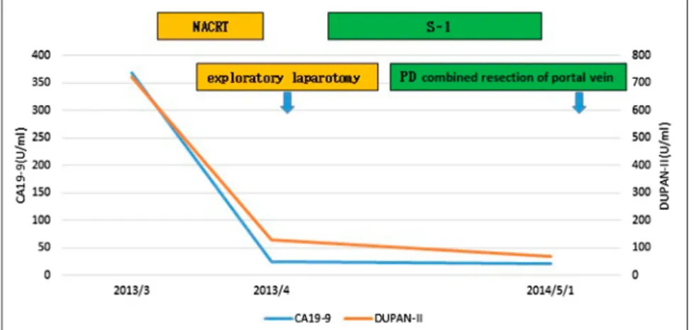 Fig. 1 Clinical course and changes of serum CA19-9 and DUPAN-II levels.