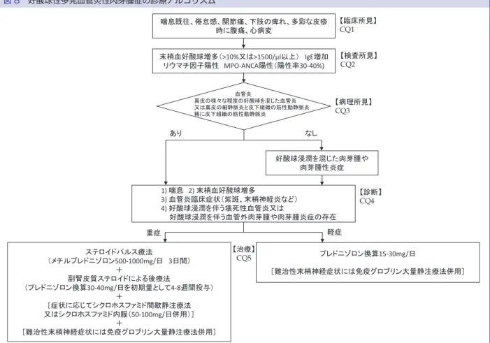 図 8　好酸球性多発血管炎性肉芽腫症の診療アルゴリズム 喘息既往、倦怠感、関節痛、下肢の痺れ、多彩な皮疹 時に腹痛、心病変 末梢血好酸球増多（>10%又は>1500/µl以上） IgE増加 リウマチ因子陽性 MPO-ANCA陽性（陽性率30-40%) 1) 喘息 2) 末梢血好酸球増多 3) 血管炎臨床症状（紫斑、末梢神経炎など） 4) 好酸球浸潤を伴う壊死性血管炎又は 好酸球浸潤を伴う血管外肉芽腫や肉芽腫炎症の存在 ステロイドパルス療法 （メチルプレドニゾロン500-1000mg/日 3日間）