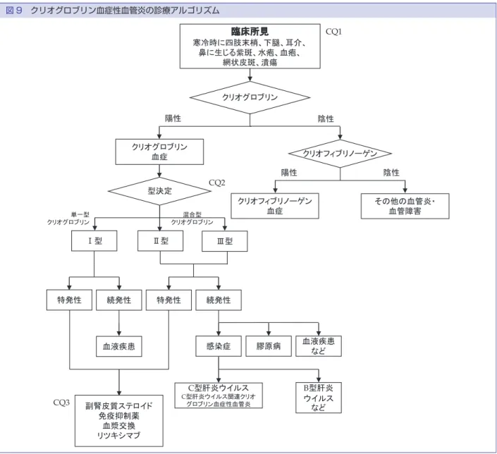 図 9　クリオグロブリン血症性血管炎の診療アルゴリズム クリオグロブリン 血症 クリオフィブリノーゲン 血症 その他の血管炎・血管障害 副腎皮質ステロイド 免疫抑制薬 血漿交換 リツキシマブ 臨床所見 寒冷時に四肢末梢、下腿、耳介、鼻に生じる紫斑、水疱、血疱、網状皮斑、潰瘍クリオグロブリン クリオフィブリノーゲン型決定血液疾患Ⅰ型Ⅱ型Ⅲ型特発性続発性血液疾患膠原病など感染症続発性特発性CQ1CQ2CQ3B型肝炎ウイルスなどC型肝炎ウイルスC型肝炎ウイルス関連クリオグロブリン血症性血管炎単一型クリオグロブリン