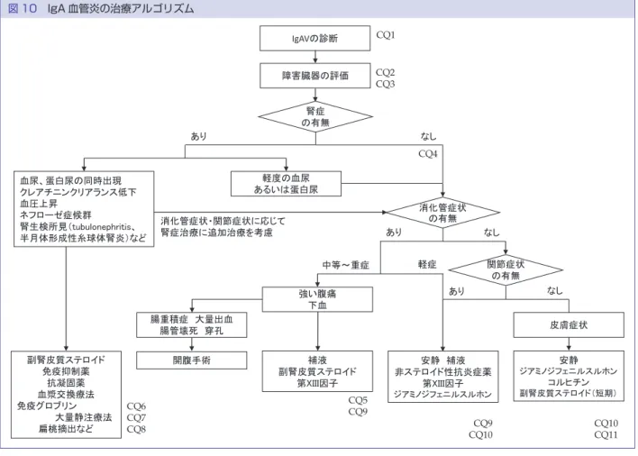 図 11　蕁麻疹様血管炎の診療アルゴリズム CQ1 CQ2 CQ3 CQ4  CQ5インドメサシンコルヒチン ジアミノジフェニルスルホン ヒドロキシクロロキン 必要時、抗ヒスタミン薬 正補体血症性 蕁麻疹様血管炎治療抵抗性 CQ5CQ6CQ1血中補体価の低下24時間以上持続する蕁麻疹様紅斑灼熱痛 紫斑 色素沈着 など真皮細小動脈に白血球破砕性血管炎低補体血症性蕁麻疹様血管炎原疾患の有無低補体価正補体価原疾患なし原疾患ありSLEなど皮膚症状中心臓器障害の有無臓器症状あり原疾患の治療を優先副腎皮質ステロイド免疫