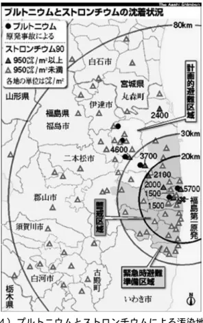 図 ４ ）プルトニウムとストロンチウムによる汚染地図 出所）『朝日新聞』 2011 年 ９ 月 30 日付。 http://www.asahi.com/national/update/ 0930 /TKY 201109300553 .html  文部科学省は 2011 年 ９ 月 30 日、東京電力福島第 １ 原発の事故で放出されたス トロンチウムとプルトニウムについて、周辺の土壌の汚染マップを初めて公表 した。ストロンチウムの沈着量は原発の 20 キロメートル圏内と北西で高い傾向 だった。過去の大気圏内核