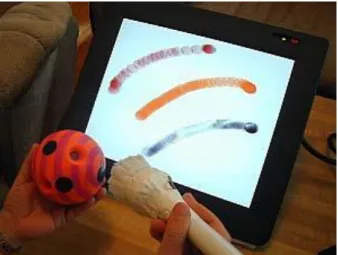 図 2.2: I/O Brush ( 図 2.2) ．また，草地らによる Roll Canvas[15] は，キャンバスに回転をもたせることによって 描画にある程度の偶然性を導入した．ユーザが意図して描いたストロークに回転が加わるこ とで，半主体的な絵が生成される． I/O Brush は，日常の風景がインクとなっており，絵具のように単色をインクとして扱う本 研究とは異なる． Lee らのシステムは，絵具を滴らせるという技法に着目した点では本研究と 類似するが， RollCanvas と同様，ユーザの操作で