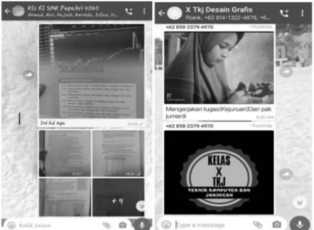 Figure  2  presents  the  display  of  the  Google  Classroom  and  WhatsApp  Group  application  created  by  the  teachers