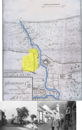 Figure 3. The multi-ethnic community in the Old Semarang  River (yellow area) on a map in 1719 [46], [47] 