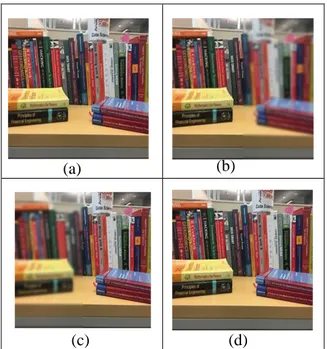 Figure 5. Book images. (a) Reference image, (b) image  blurred on the right (c) image blurred on the left (d) fused 
