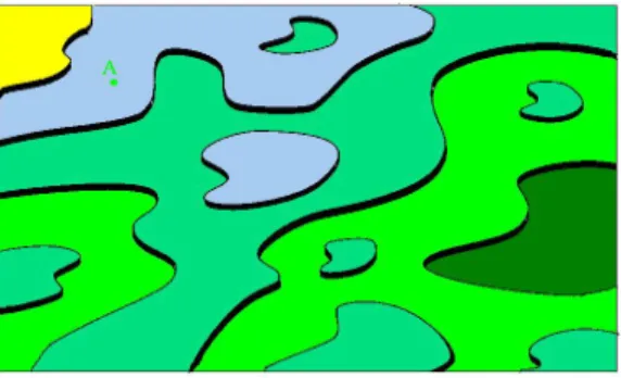 図 4.2: 特異面方向の荒れた面を冷却してできた，ステップに囲まれた島と穴からな る面 [3] ． 帯びた表面には原子面に垂直な方位にファセットが出現するはずである．表面の微視 的な状態を想像してみよう．高温では表面はステップも区別できないデコボコの状態 にある．低温になると，すぐに原子の局所的な移動が起こるから，格子サイズの小さ なデコボコは消えて，表面は (1.25) 式で表されるこの温度の相関長 ξ 程度の幅をもっ たステップでできた状態になる ( 図 4.2) ．ここからステップの運動によるゆっく