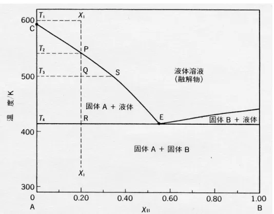 図 1: 二成分 A と B の単一共融図．液体同士は完全に相互溶解するが，固体同士はほと んど混ざらない．E が共融点である．このグラフはカドミウム・ビスマス系のデータであ る．文献 [3] から転載． おいて，純粋な氷と濃厚な砂糖溶液の共存状態が実現しているとすれば，全体として柔 らかいのはうなずける．この考え方に従うと，砂糖分子が氷の中に入り，水分子のネット ワークを変化させるというのは，多少はあっても主な原因ではない気がしてきた． そこで，久保先生の演習書 [4] に従って，水と砂糖の共融点を計算し