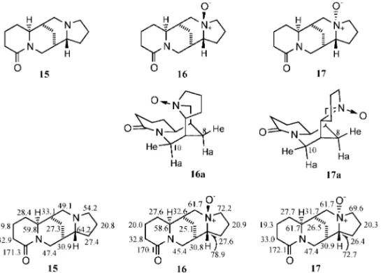 Fig. 11. Structures of (－)-Camoensidine (15), Its Natural N-oxide (16) and Synthetic N-oxide (17), and Their 13 C-NMR Data合 物 （16） の み を 与 え る が ，m-chloroperbenzoicacidで酸化すると，天然のもの（16）とそれとは異なるN-oxide(17）の2種類N-oxideが生成する．すなわち，N16-oxide窒素の配置の異なるエピマー（17）が得られる