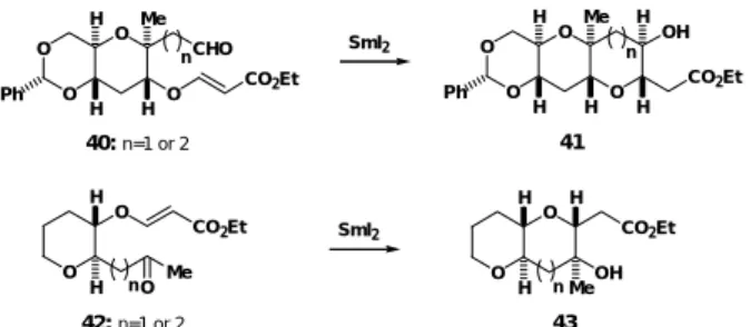 図 14 1,3‑diaxial メチル基を有する環状エーテルの合成  以上，S m I 2 を用いる環化反応は種々のタイプのエーテル環を容易に合成できることか ら，多環状エーテル化合物の一般的合成法として極めて有効であると期待できる。 ５．２ 2 方向型合成  SmI 2 による環化反応を基盤とする繰返し型合成は，各工程とも極めて簡便な反応である ことから，本手法は２方向型合成法にも効果的に使用できると期待できた。事実，C 2 ‑対称 ジオール 46 へのダブル Michael 反応は収率よく進行し，ジチ