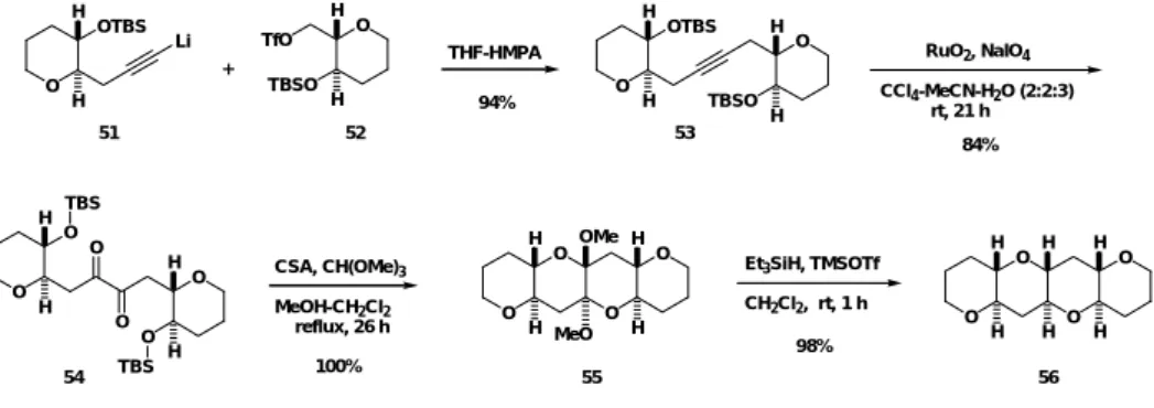 図 17 trans‑ 縮環エーテルの収束的合成 ７． おわりに    ブレベトキシンＢ（1 ）に代表される多環状エーテル系天然物の合成を目指して，効率的 な種々の環状エーテル合成法の開発に成功した。特に，SmI 2 を用いるラジカル環化反応は エーテル環合成の一般的手法として利用できることが高く期待できる。実際，本手法は，他 グループによってもエーテル環構築に有効に利用されている 28 。  我々は現在，これらの開発した反応を駆使した海洋産多環状エーテル系天然物の全合成 研究を展開している。既に環拡大反応