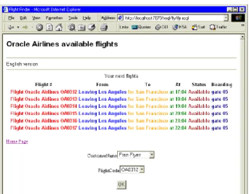 図 4-4 に、 HTML フォームを示します。このフォームには、 Los Angeles から San Francisco へのフライトに関する問合せ結果と、顧客名およびフライト・コードのドロップダウン・リ ストが表示されます。 ユーザーが氏名とコードを選択し、「 OK 」ボタンをクリックして、入 力した顧客名で指定のフライトを予約すると、アプリケーションはその情報をデータベース に書き込みます。 アプリケーションのこの部分は、 HTML および英語に対してのみ実装され ています。 図 図図