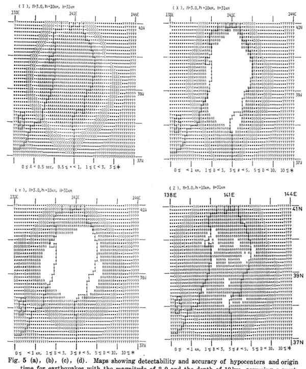 Fig.  5  (a),  (b),  (c),  (d).  Maps  showing  detectability  and  accuracy  of  hypocenters  and  origin    time  for  earthquakes  with  the  magnitude  of  3.0  and  the  depth  of  10km,  assuming  a     upper  mantle  model  with  a  P  wave  velocit