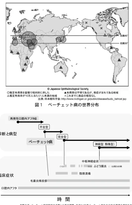 図 １  ベーチェット病の世界分布 口腔内アフタ ぶどう膜炎 （ ）は視力の例陰部潰瘍毛嚢炎様皮疹完全型不全型（1.0）（0.0）ベーチェット病再発性口腔内アフタ症診断と病型臨床症状口腔内アフタぶどう膜炎（ ）は視力の例陰部潰瘍毛嚢炎様皮疹完全型不全型（1.0）（0.0）ベーチェット病再発性口腔内アフタ症診断と病型臨床症状神経型（特殊型）中枢神経症状 時 間 岳野光洋、ベーチェット病研究班の成果と治療の課題、平成２４年度ベーチェット病友の会総会講演会資料を改編 図 ２  ベーチェット病の経過モデル