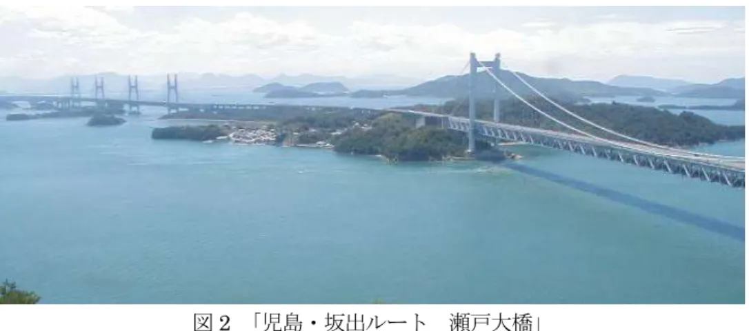 図 2  「児島・坂出ルート  瀬戸大橋」  3. 瀬戸大橋開通とその影響  3.1 瀬戸大橋開通に伴う四国の路線事情の変化  瀬戸大橋から予讃線宇多津～坂出間へは利便性の観点からどちらの方向へも接続できる ようになっており、四国内で坂出・高松方面行きの線路と宇多津・丸亀方面行きの線路に 分岐する。それぞれ予讃線に接続するため鉄道高架線のデルタ地帯が形成されることとな った。    瀬戸大橋開通により、JR 四国は岡山という本州のターミナルが利用できるようになっ た。これら岡山・高松という 2 大ターミナル
