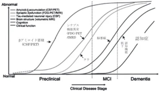 図 2 アルツハイマー病のバイオマーカー出現の経時変化と新しい病期分類の提唱 （文献 105，106 より改変して引用） FDG, ﬂuorodexyglucose; MCI, mild cognitive impairment; PET, positron emission tomography; fMRI, functional MRI 齢者でも免疫効率がよく，効果が長期間持続し，予防投 与も可能であるといった利点があるが，遺伝子治療にあ たるのでハードルが高い欠点がある．我々はまたセンダ イウイルスベ
