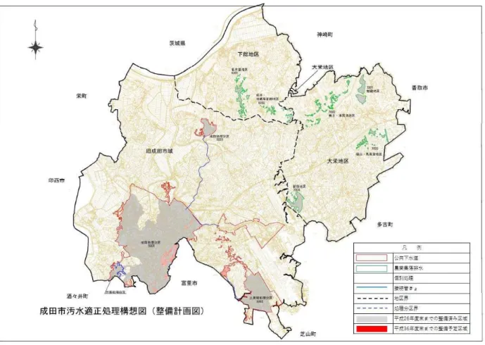 図 1.1-3 成田 汚水適正処理 域 出典 成田 汚水適正処理構想 成 27 度  成田 表 1.1-6  成田浄化センタ 概要  施設 地  敷地面積  供用開始  施設規模等  田浄 ン 田 倉  127  番地 1  約 18,400ｍ 2 昭和 62 10   処理能力 120  ｋℓ/日   処理方式  主処理  標準脱確素処理 高処理 凝集沈殿→ ン酸 →砂 過→活性炭吸着 汚泥処理濃縮脱水→乾燥→焼却 脱臭処理高濃焼却脱臭                    焼却停 中 中濃 系 処理  