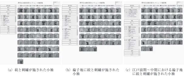 図 11 絞と刺繡に関する情報提示画面（a）絞と刺繡が施された小袖（b） 綸子地に絞と刺繡が施された小袖（e） 「H-35-22  檜扇散模様小袖」における詳細データの閲覧画面（f）  「H-35-22 檜扇散模様小袖」における「檜扇」の強調表示画面 （c） 江戸前期〜中期における綸子地に絞と刺繡が施された小袖（d）絞と刺繡の年代による変遷刺繡