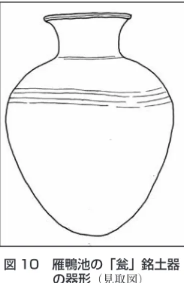 図 10　雁鴨池の「瓮」銘土器 の器形 （見取図） 木簡，刻書・墨書土器など一次資料の探査と文字の確認が必要であるが，さらに，韓国の土器や文字資料にも留意したい。たとえば，慶州市の雁鴨池出土の甕（器高 147.0cm，腹径57.0cm）の頸部に縦書きで「十口八瓮」と刻まれている［図10］。この「十口八瓮」については，（Ⅰ）十人の家族が冬を乗り切るには八個の甕が必要であるという「十口之家八瓮過冬」を示す，または（Ⅱ）それほどの多量な食物が容れられる瓮であるという喩えとする理解が韓国にあるが（30） ，これに対