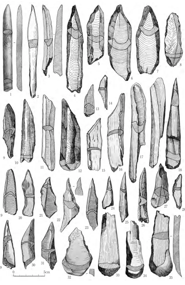 図 11　顧郷屯何家溝発掘の磨製骨器 （1） と打製骨器 （2～35） （［徳永・直良 1936］の付図から春成が選択して配列） 尖頭器（1 ～ 8），彫器形（9 ～ 16），ヘラ状（17 ～ 19），錐状（20 ～ 31），掻器状（32 ～12345678910111213141516171819202122232425262728293031323334355cm0