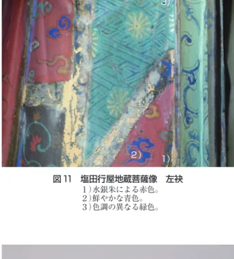 図 10 龍泉寺十六羅漢像 第十五番 左下裾 １） 中央赤色部分の一部に下層にあると推測される橙色が見られる。 ２） 中央やや左寄りの衣の青色部分は，藍と考えられる。 ３） 緑色の波形模様からは銅元素が検出されており，岩緑青が用い られたと推定される。 図 11 塩田行屋地蔵菩薩像 左袂１）水銀朱による赤色。２）鮮やかな青色。３）色調の異なる緑色。 図 12 塩田行屋御沢仏像 波分不動明王像 （剣先を口に咥えている。 ） 図 13 法来寺十大弟子像 羅䉩羅像 正面 図 14 龍泉寺十六羅漢像 第七番    